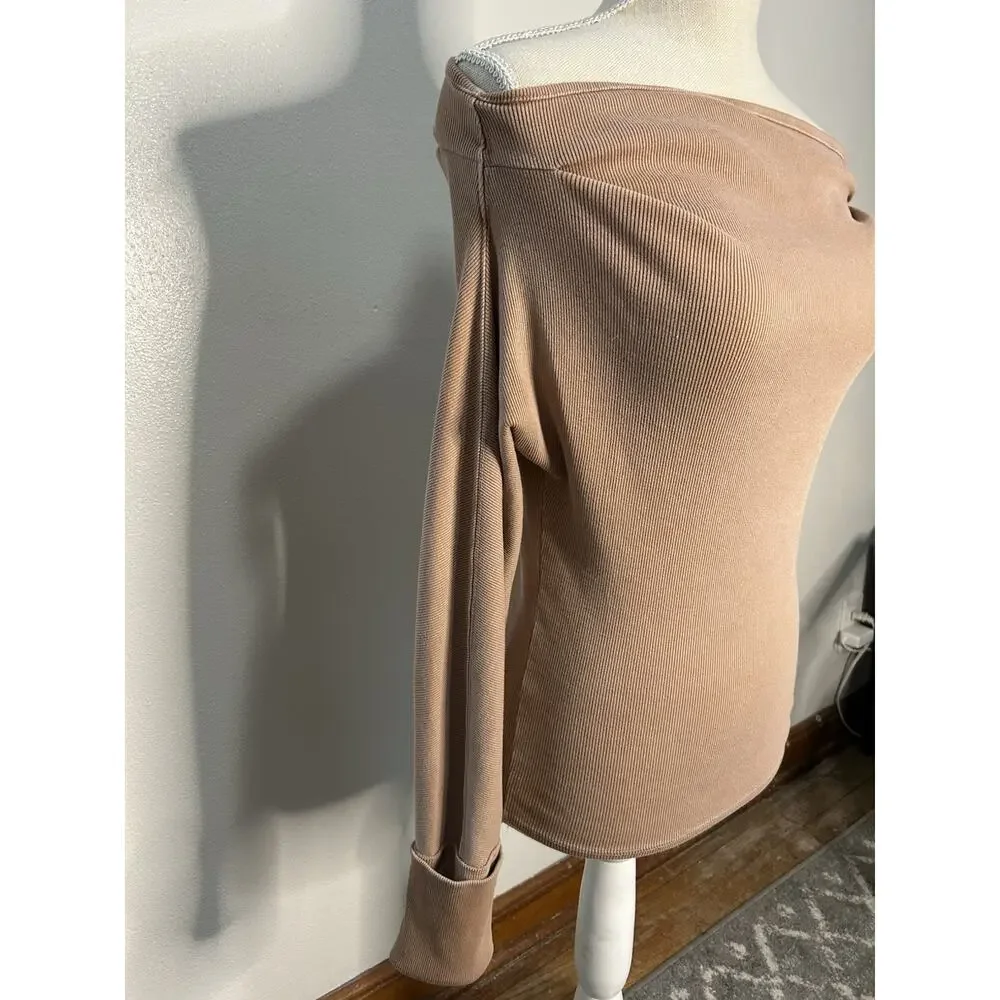Free People We The Free Tan Off-the-Shoulder Ribbed Thermal Shirt Womens S